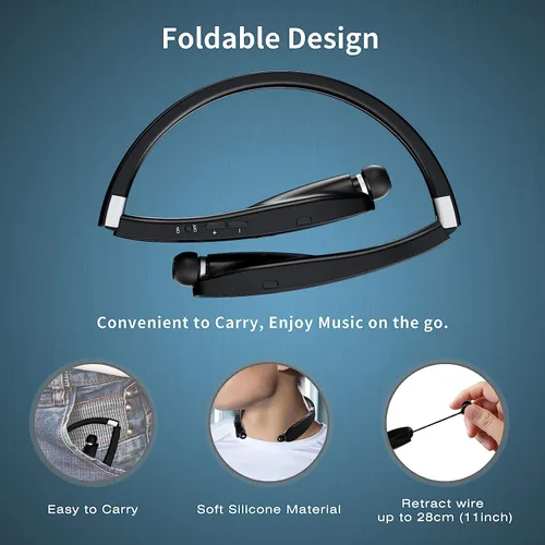 Miniatura 4 de Amorno Auriculares plegables Bluetooth con banda para el cuello inalámbrica con auriculares retráctiles, auriculares deportivos a prueba de sudor