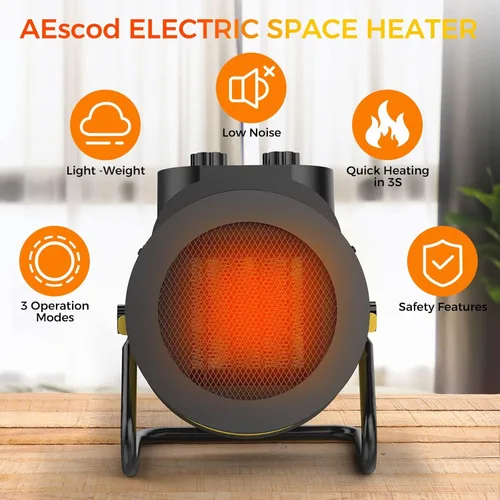 Miniatura 5 de Calentador de espacio eléctrico de 1500 W con ángulo ajustable de 90 grados, protección contra sobrecalentamiento, calentador para garaje, oficina