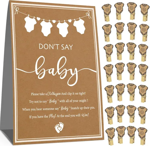 Miniatura 7 de Don't Say Baby Game, juegos de baby shower para niños, 1 letrero azul decorativo y 50 mini pinzas azules para la ropa, ideas de decoración