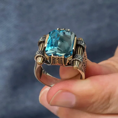 Miniatura 3 de Anillos de plata de ley 925 para hombre, anillo de aguamarina, anillos para hombre, joyería de aguamarina, anillos de sello para hombre, anillos