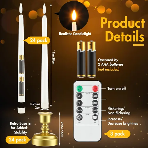 Miniatura 2 de Fumete Paquete de 24 velas cónicas sin llama con control remoto y temporizador, velas LED parpadeantes realistas con llama 3D, ventana LED con base