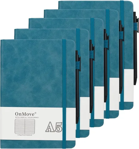 Miniatura 9 de Cuadernos diarios para mujeres y hombres, paquete de 5 unidades, tapa dura de cuero a granel con soporte para bolígrafo, 160 páginas, papel grueso