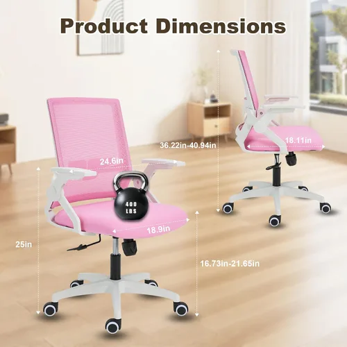 Miniatura 2 de Silla ergonómica de oficina con altura ajustable de malla, silla giratoria con brazos abatibles y soporte lumbar, color rosa