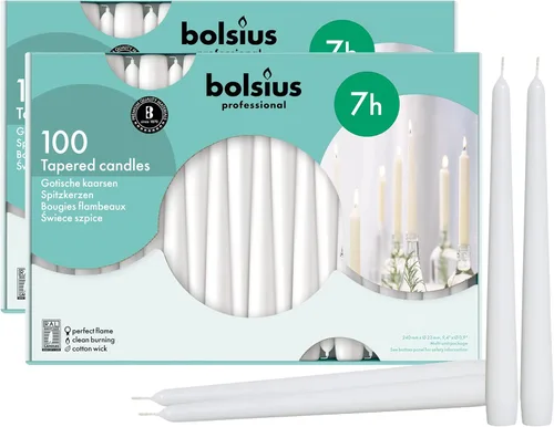 BOLSIUS Velas cónicas blancas – Caja a granel de 2 paquetes = total de 200 velas – Más de 7 horas – Calidad europea premium – Llama constante sin