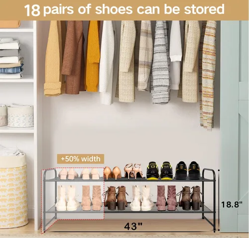 Miniatura 3 de KEETDY Organizador de zapatos largo de 2 niveles para armario, zapatero de metal para entrada, amplio estante apilable para zapatos con rejilla