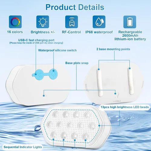 Miniatura 4 de QOLNBY - Luces para piscina, luces LED sumergibles recargables con control remoto, luces subacuáticas impermeables recargables IP68, luces