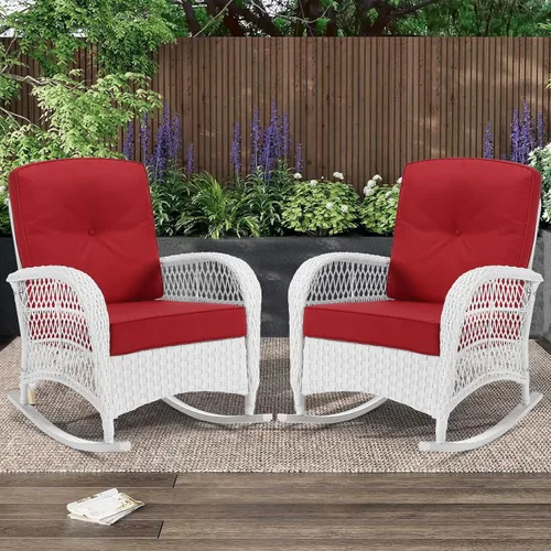 Miniatura 18 de MEETWARM Mecedora de mimbre para exteriores, sillas mecedoras de ratán para patio con cojines y respaldo alto, silla de mimbre para patio para todo