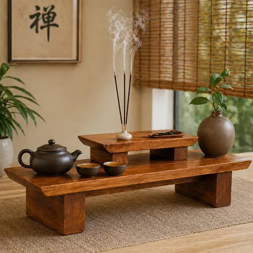 Miniatura 7 de Mesa de altar de meditación – Santuario Puja escalonado hecho a mano de 21 x 7.5 x 6 pulgadas – Mesas pequeñas para relajación, oración – Meditación
