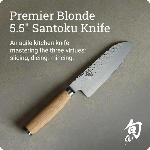 Miniatura 2 de Shun Premier Blonde 5.5" Cuchillo Santoku, Cuchillo japonés multiusos artesanal y afilado a mano, núcleo VG-MAX con revestimiento de acero