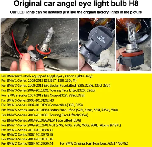 Miniatura 2 de H8 LED Focos de ojos de ángel con halo Compatible para BMW E60 E61 E63 E64 E70 E90 E92 E70 E71 E82 E87 E89 1 3 5 Series X5/6 Z4/7 Lámpara de xenón