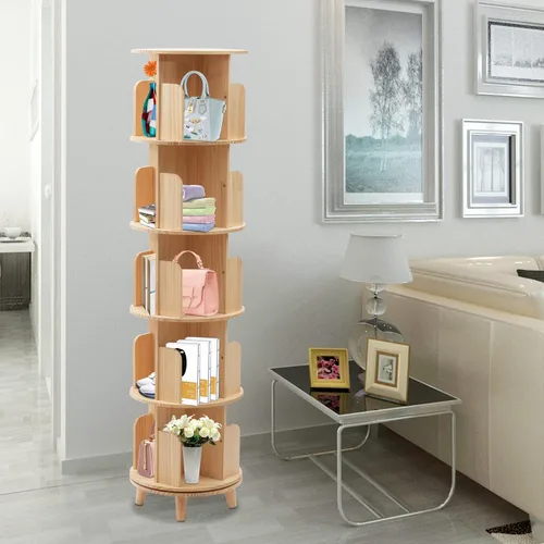 Miniatura 2 de Estantería giratoria de 360°, estante apilable de madera maciza de 5 niveles, estante de almacenamiento de pie para sala de estar, estudio y oficina