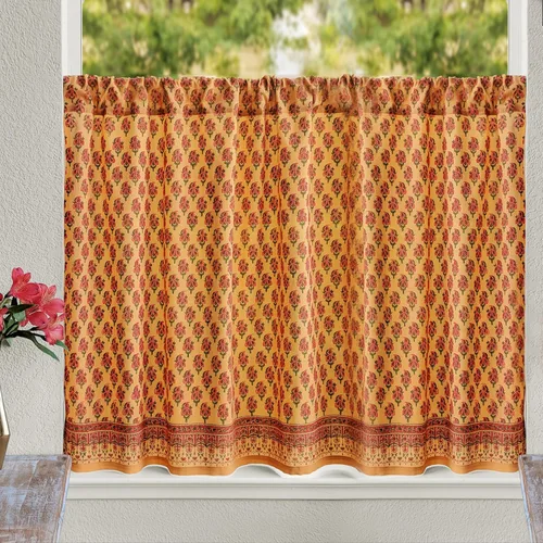 Miniatura 9 de Saffron Marigold Cortinas de Algodón de Media Cocina para Ventanas Pequeñas, Baño y Café Estampadas a Mano con Bloque Moonlit Taj - Diseño Bohemio