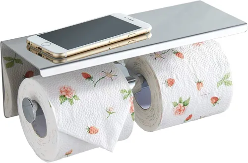 BGL Portarrollos de papel higiénico de acero inoxidable con estante montado en la pared para baño (plateado, doble cabeza)