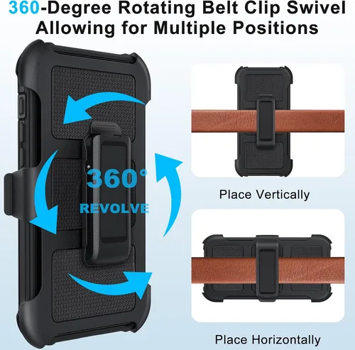 Miniatura 4 de Funda con clip para cinturón compatible con iPhone 12 Defender con soporte giratorio de 360°, protección resistente anticaídas y golpes, color negro