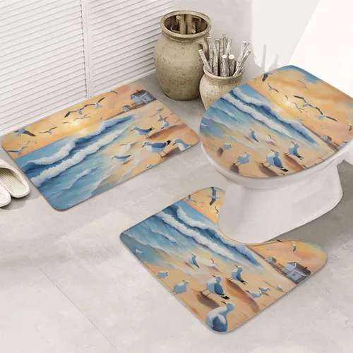 Juego de alfombras de baño antideslizantes de 3 piezas, lujosas alfombras de franela súper suaves, súper absorbentes, antideslizantes, gaviotas
