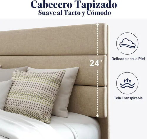 Miniatura 4 de Allewie - Base de cama de plataforma de tamaño matrimonial con cabecera tapizada de tela y soporte de listones de madera, base de colchón totalmente