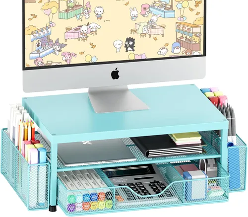 Miniatura 8 de OPNICE Soporte elevador de monitor doble con cajón y 2 soportes para bolígrafos, organizador de escritorio para suministros de oficina, soporte