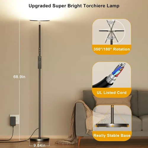 Miniatura 5 de Lámpara de pie LED, lámpara de pie brillante de 36 W 3600 lúmenes, equivalente a 350 W con control remoto y táctil, lámpara de pie moderna con Negro