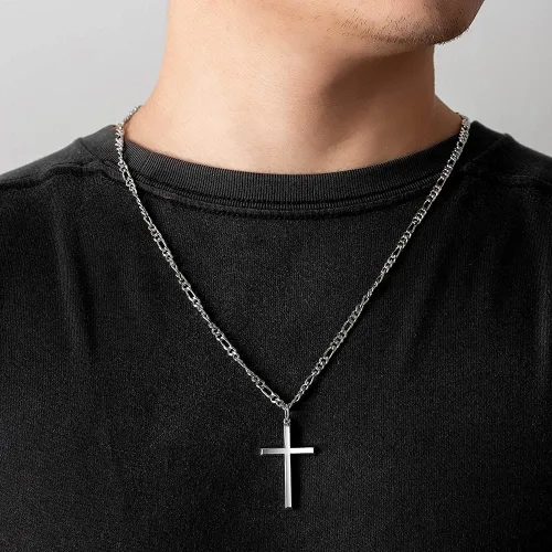 Miniatura 2 de FANCIME White Gold Plated 925 Sterling Silver Cross Pendant Necklace With 4MM Figaro Solid Curb Link Chain Gifts for Him Men, 24-INCH