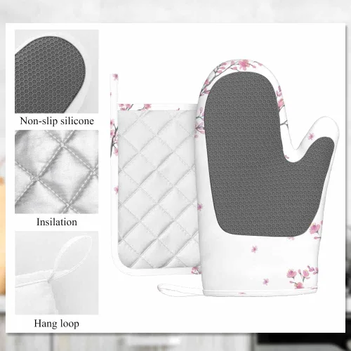 Miniatura 5 de Mxocom Cherry Blossom - Guantes de horno resistentes al calor y soporte para ollas, ramas de flores, para cocina, antideslizantes, para cocinar