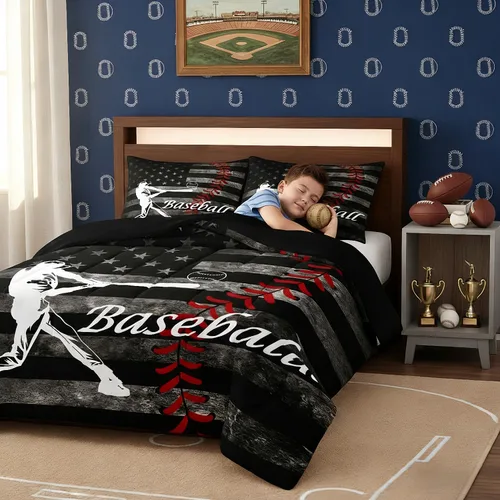 Miniatura 7 de Erosebridal Juego de edredón de béisbol para niños, ropa de cama vintage con bandera americana, tamaño Queen para adultos, niñas, niños
