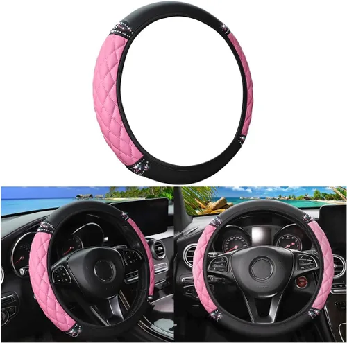 Miniatura 6 de Funda brillante para volante de coche, 14.5-15 pulgadas, piel de oveja con cristales de estrás elástica, protector de volante de vehículo