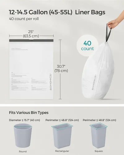 Miniatura 8 de SONGMICS Bolsas de basura para botes de basura de 12-14.5 galones (45-55 litros), 120 bolsas de basura con cordón para cocina, preseparadas, código