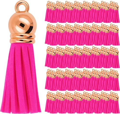 Miniatura 109 de Mandala Crafts 100 borlas de gamuza sintética color aguamarina con tapa dorada, suministros para hacer llaveros a granel, pequeñas borlas de cuero