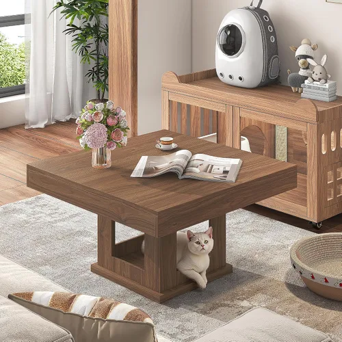 Miniatura 9 de knoworld Mesa auxiliar cuadrada, mesa de centro de madera con almacenamiento y casa para gatos, mesa de cóctel marrón rústica para sala de estar