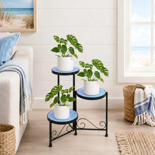 Miniatura 8 de Soporte de cerámica de mosaico de 3 niveles para plantas, soporte plegable de hierro forjado, no requiere montaje, estante para plantas de ahorro
