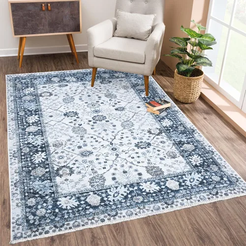 Miniatura 11 de Bloom Rugs Caria Alfombra Lavable Antideslizante de 7 pies - Azul/Carbón Alfombra Tradicional para Entrada, Pasillo, Baño y Cocina - Tamaño Exacto