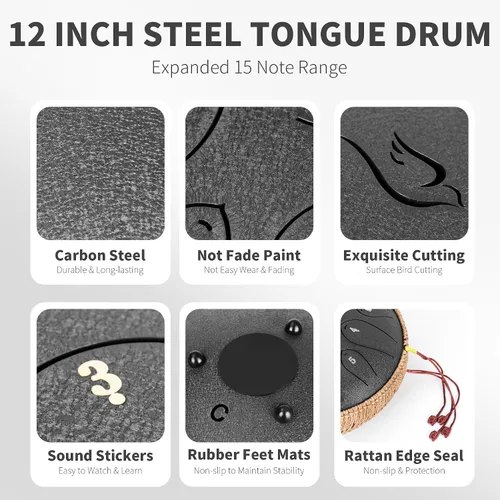 Miniatura 2 de Tambor de Lengua de Acero, 12 Pulgadas 15 Notas Tambores de Lengua, Tambores Handpan Instrumento de Percusión para Niños y Adultos, Tambor de Mano