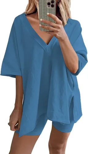 Bankeng Conjunto de 2 piezas para mujer, camiseta de gran tamaño, cuello en V, pantalones cortos de motociclista, conjunto reversible