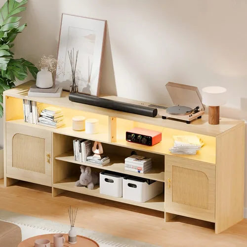 Miniatura 3 de Soporte de TV para TV de 70 pulgadas, centro de entretenimiento de 63 pulgadas con luz LED, tomacorriente, soporte de TV de ratán con estantes