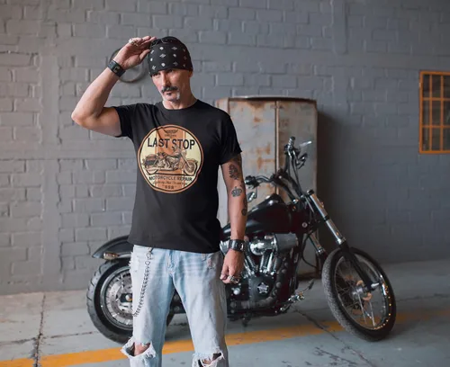 Miniatura 6 de Camiseta de moto Last Stop Biker Rider Route 66 Harley Vintage Mens Black Tee