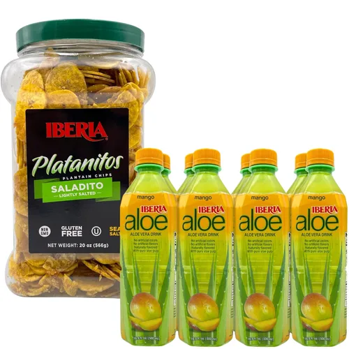 Miniatura 4 de Iberia Chips de plátano ligeramente salados, 20 onzas + bebida de jugo de aloe vera Iberia con pulpa de aloe pura, original, 16.9 onzas líquidas