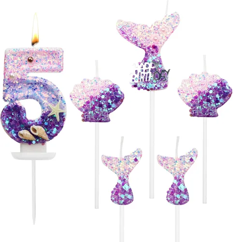 6 velas de cumpleaños de 2.5 pulgadas con temática de sirena para decoración de pastel de cumpleaños, 1 número 5, 3 colas de sirena, 2 conchas