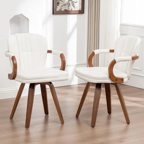 Miniatura 14 de Sillas de comedor giratorias de mediados de siglo, modernas sillas de cocina tapizadas de piel sintética negra con marco de madera curvada, sillas