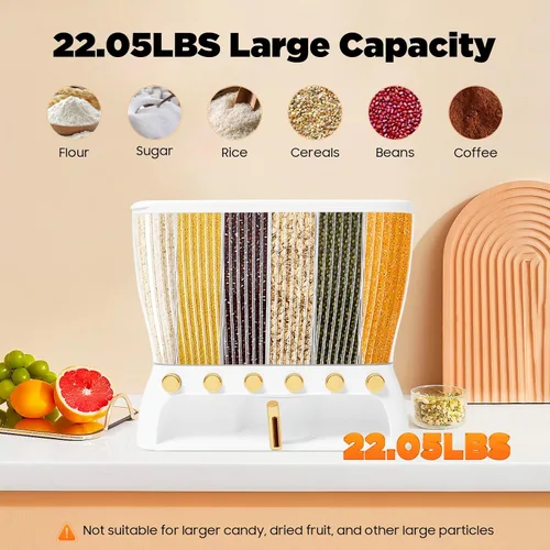 Miniatura 5 de Dispensador de alimentos secos, dispensador de 6 granos de rejilla montado en la pared, dispensador de granos con taza medidora, organizador