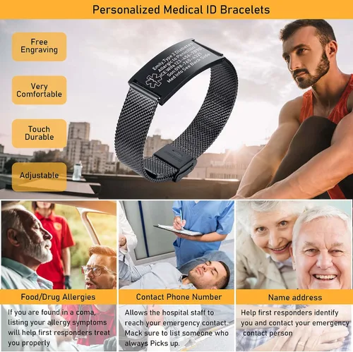 Miniatura 2 de VNOX Medical Alert Bracelets for Men & Women Kids with Free Engraving Adjustable Stainless Steel Mesh Emergency Medical ID Bracelets Wristband