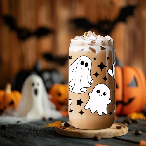 Miniatura 8 de Coolife Taza fantasma de Halloween, vaso de vidrio de 16 onzas con tapas y pajitas, taza de café helado espeluznante para batidos, bonitos regalos