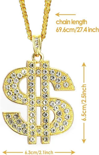 Miniatura 2 de Hip Hop Cadena de oro larga chapada en oro, accesorios para hombre, collares con signo de dólar, collar de dinero, cadena de oro falsa