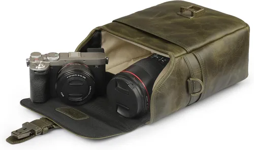 Miniatura 9 de Bolso bandolera para cámara de piel auténtica MegaGear, para cámaras mirrorless, dispositivo electrónico portátil Caqui Verde