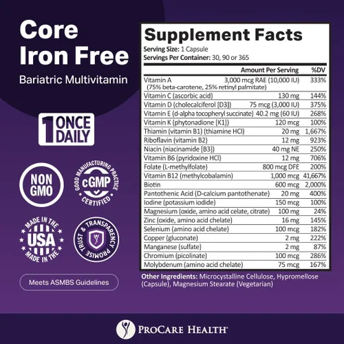 Miniatura 3 de Procare Health Multivitamínico bariátrico sin hierro (30 cápsulas vegetales de disolución rápida) – Vitaminas bariátricas para manga gástrica