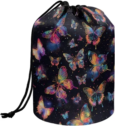 Miniatura 11 de Poceacles Bolsa de maquillaje con cordón, estuche portátil para cosméticos, bolsa de aseo de viaje, organizador de barril, bolsa de almacenamiento