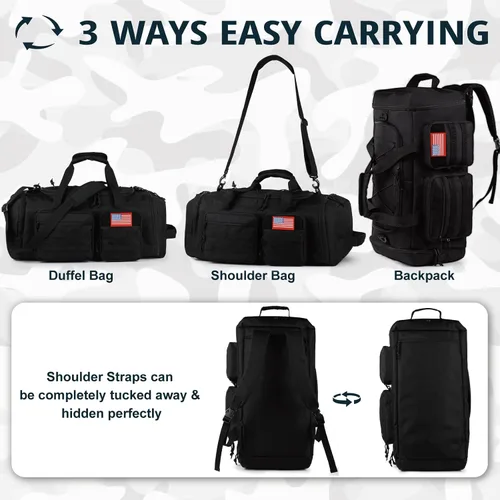 Miniatura 5 de Bolsa táctica de gimnasio para hombres, 50L grande 3 en 1 bolsa deportiva con compartimento para zapatos para viajes, mochila de viaje resistente al