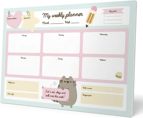 Bloc de notas de lista de tareas pendientes Pusheen Calendario A3 | Agenda diaria, semanal | Bloc de agenda para TDAH | 54 hojas arrancables de 3.17