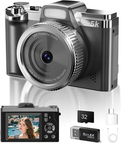 WGM Cámara digital 5K, cámaras de 68 MP para fotografía, con zoom 16X antivibración, tarjeta de 32 GB y flash, cámaras portátiles compactas, para