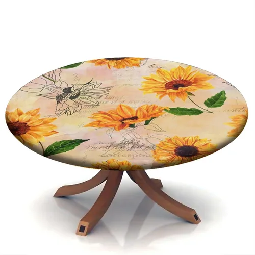 Mantel ajustable con diseño de girasol redondo, borde elástico amarillo, mantel de poliéster para interiores y exteriores, fiesta, cena, patio,