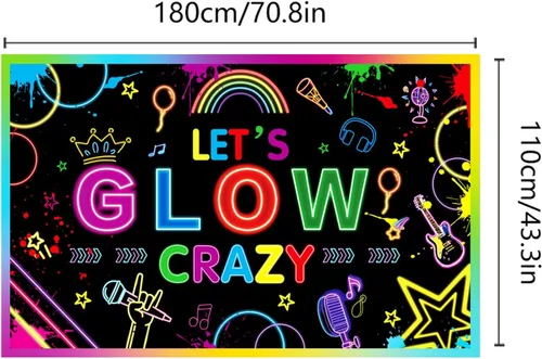 Miniatura 5 de Let's Glow Crazy Backdrop, cartel de cumpleaños con temática de neón de 70.8 x 43.3 pulgadas, decoraciones de fiesta, fondo de fotografía bailarina